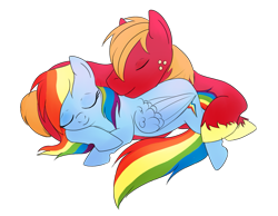 Size: 983x764 | Tagged: safe, artist:karmadash, derpibooru import, big macintosh, rainbow dash, pegasus, pony, couple, cuddling, female, male, rainbowmac, shipping, sleeping, straight