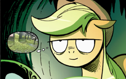 Size: 1169x732 | Tagged: safe, applejack, earth pony, pony, apple, exploitable meme, forced meme, inverted mouth, meme, smiling, thinking applejack meme, thought bubble