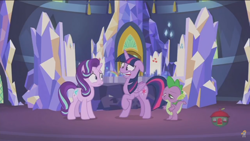 Size: 1600x900 | Tagged: safe, screencap, spike, starlight glimmer, twilight sparkle, twilight sparkle (alicorn), alicorn, dragon, pony, a royal problem, cutie map, faic, friendship throne, twilight's castle