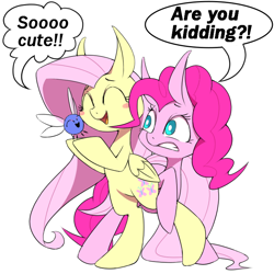 Size: 700x700 | Tagged: safe, artist:30clock, fluttershy, pinkie pie, earth pony, parasprite, pegasus, pony, swarm of the century, bipedal, blushing, dialogue, duo, eyes closed, female, mare, pixiv, speech bubble, white pupils