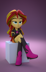 Size: 843x1300 | Tagged: safe, artist:creatorofpony, artist:fd-daylight, sunset shimmer, equestria girls, 3d, blender, clothes, crossed legs, leather jacket, sitting, skirt, solo, unamused