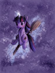 Size: 600x802 | Tagged: safe, artist:butterscotch25, derpibooru import, twilight sparkle, blushing, broom, flying, flying broomstick, open mouth, sitting, solo