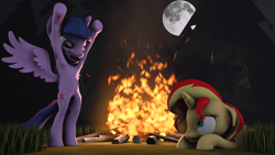 Size: 1920x1080 | Tagged: safe, artist:fd-daylight, sunset shimmer, twilight sparkle, twilight sparkle (alicorn), alicorn, pony, unicorn, 3d, armpits, bipedal, campfire, camping, duo, female, forest, full moon, mare, night sky, open mouth, scary story, source filmmaker