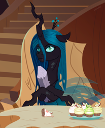 Size: 1488x1800 | Tagged: safe, artist:silverst, artist:silverstbrony, mean twilight sparkle, queen chrysalis, twilog, changeling, changeling queen, frenemies (episode), crossed hooves, crown, cupcake, cute, cutealis, dead, female, food, green eyes, grumpy, jewelry, log, mare, regalia, scene interpretation, sitting, solo