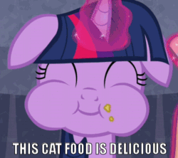 Size: 379x337 | Tagged: safe, derpibooru import, edit, edited screencap, screencap, twilight sparkle, animated, caption, eating, funny, funny as hell, out of context, twilight cat