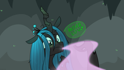 Size: 2560x1440 | Tagged: safe, artist:fuzzypones, queen chrysalis, changeling, changeling queen, frenemies (episode), :o, changeling feeding, colored, cute, cutealis, female, love, moar, open mouth, solo, text, that changeling sure does love love, this will end in weight gain