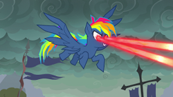 Size: 280x158 | Tagged: safe, derpibooru import, screencap, evil pie hater dash, rainbow dash, pegasus, pony, secrets and pies, adorapiehater, cute, eye beams, female, flying, smiling, solo