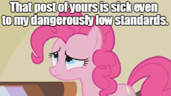 Size: 967x544 | Tagged: safe, edit, edited screencap, screencap, pinkie pie, earth pony, pony, swarm of the century, blurry, disgusted, image macro, post, reaction, reaction image, solo