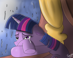 Size: 800x640 | Tagged: safe, artist:ironsocks, derpibooru import, twilight sparkle, magical mystery cure, bedroom, crying, library, rain