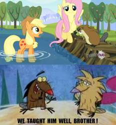 Size: 650x701 | Tagged: safe, screencap, applejack, fluttershy, beaver, earth pony, pegasus, pony, keep calm and flutter on, angry beavers, caption, crossover, hub logo, mr. beaverton beaverteeth