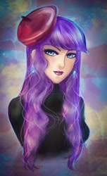 Size: 486x800 | Tagged: safe, artist:solceress, rarity, human, beatnik rarity, beret, clothes, hat, humanized, solo