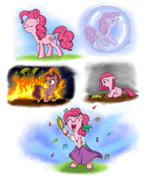 Size: 1000x1197 | Tagged: safe, artist:fimlie, pinkie pie, earth pony, pony, friendship is witchcraft, filly, fire, gypsy bard, gypsy pie, music notes, romani, sad, solo, song in the comments