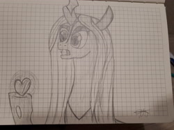 Size: 4608x3456 | Tagged: safe, artist:katya, queen chrysalis, changeling, changeling queen, art, drawing, graph paper, love, solo, traditional art