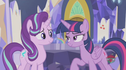 Size: 1234x690 | Tagged: safe, screencap, starlight glimmer, twilight sparkle, twilight sparkle (alicorn), alicorn, pony, a royal problem, cutie map, duo, duo female, female, friendship throne, twilight's castle