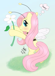 Size: 900x1250 | Tagged: safe, artist:joakaha, fluttershy, bee, pegasus, pony, animal costume, bee costume, clothes, costume, flower, flutterbee, solo, thought bubble