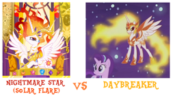 Size: 900x500 | Tagged: safe, daybreaker, nightmare star, starlight glimmer, alicorn, pony, a royal problem, comparison, female, mare, two flaming sunponies, vs