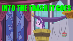 Size: 1131x638 | Tagged: safe, edit, edited screencap, screencap, starlight glimmer, pony, unicorn, a royal problem, basket, bucket, drama, female, image macro, into the trash it goes, mare, meme, op started shit, recontextualized, sad, solo, starlight drama, starlight glimmer is worst pony, trash, trash can, treehouse logo