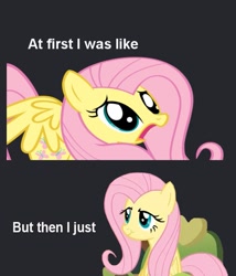 Size: 599x700 | Tagged: safe, fluttershy, pegasus, pony, female, image macro, mare, pink mane, reaction image, yellow coat