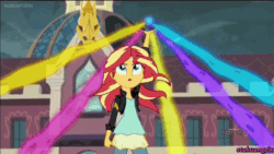 Size: 600x338 | Tagged: safe, screencap, sunset shimmer, equestria girls, friendship games, animated, floating, frown, glare, lightning, magic, magic capture device, open mouth, solo, talking