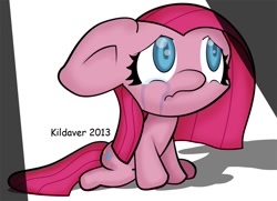 Size: 974x706 | Tagged: safe, artist:kildaver, pinkie pie, earth pony, pony, chibi, crying, female, floppy ears, looking up, mare, pinkamena diane pie, sad, scrunchy face, simple background, solo, spotlight, wavy mouth, white background