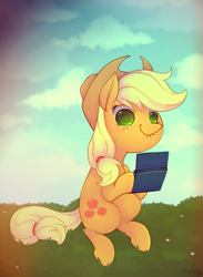 Size: 769x1053 | Tagged: safe, artist:cappydarn, applejack, earth pony, pony, 3ds, lip bite, scrunchy face, sitting, solo