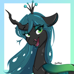 Size: 1000x1000 | Tagged: safe, artist:auro-ria, queen chrysalis, changeling, changeling queen, bedroom eyes, eyeshadow, female, licking, licking lips, lidded eyes, lipstick, looking at you, makeup, open mouth, smiling, solo, tongue out