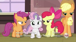 Size: 854x480 | Tagged: safe, screencap, apple bloom, applejack, scootaloo, sweetie belle, earth pony, pony, horngasm, lidded eyes, out of context, sparking horn