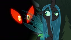 Size: 1920x1080 | Tagged: safe, screencap, queen chrysalis, changeling, changeling queen, frenemies (episode), eyes in the dark, female, red eyes take warning, smiling, smirk, smug