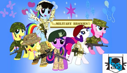 Size: 519x301 | Tagged: safe, derpibooru import, applejack, fluttershy, pinkie pie, rainbow dash, rarity, twilight sparkle, earth pony, pegasus, pony, unicorn, mane six, military, military bronies, topete glz (emblem)