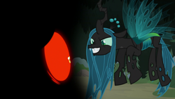 Size: 1920x1080 | Tagged: safe, screencap, queen chrysalis, changeling, changeling queen, frenemies (episode), body horror, eldritch abomination, evil grin, eyes in the dark, female, grin, scared, smiling, smug, solo