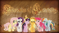 Size: 1920x1080 | Tagged: safe, artist:jamey4, derpibooru import, edit, applejack, fluttershy, pinkie pie, rainbow dash, rarity, twilight sparkle, earth pony, pegasus, pony, unicorn, big crown thingy, blackletter, element of magic, elements of harmony, jewelry, mane six, regalia, wallpaper, wallpaper edit