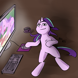 Size: 1581x1585 | Tagged: artist needed, safe, amethyst star, sparkler, starlight glimmer, pony, the mysterious mare do well, /mlp/, computer, computer mouse, cup, keyboard, ponified, solo, teacup