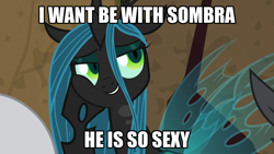 Size: 1024x576 | Tagged: safe, edit, edited screencap, screencap, lord tirek, queen chrysalis, changeling, changeling queen, frenemies (episode), caption, chrysombra, female, grammar error, image macro, shipping, straight, text