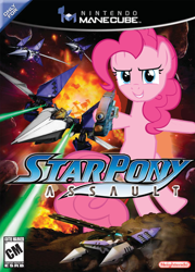 Size: 800x1119 | Tagged: safe, artist:nickyv917, pinkie pie, earth pony, pony, box art, gamecube, nintendo, parody, star fox, star fox: assault