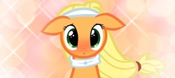 Size: 3317x1490 | Tagged: safe, artist:pyruvate, applejack, earth pony, pony, blushing, collar, headband, solo