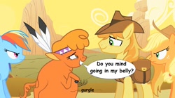 Size: 1280x720 | Tagged: safe, artist:voreediter, edit, edited screencap, screencap, applejack, braeburn, little strongheart, rainbow dash, earth pony, pegasus, pony, over a barrel, belly, big belly, braeheart, dialogue, female, fetish, male, shipping, stomach noise, straight, vore