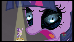 Size: 821x467 | Tagged: safe, edit, edited screencap, screencap, starlight glimmer, twilight sparkle, twilight sparkle (alicorn), alicorn, pony, unicorn, a royal problem, ballerina, black hole, clothes, cute, dancing, dress, eye, eyes, female, galaxy, glimmerbetes, glimmerina, mare, music box, open mouth, skirt, tutu, upskirt, wat, yu-gi-oh!