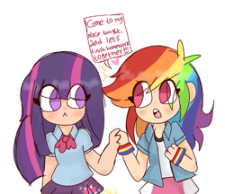 Size: 719x622 | Tagged: safe, artist:eva-lii, derpibooru import, rainbow dash, twilight sparkle, equestria girls, :<, :o, armband, blushing, clothes, cute, dashabetes, dialogue, empty eyes, eye contact, female, heart, holding hands, human coloration, lesbian, looking at each other, no pupils, open mouth, shipping, simple background, skirt, speech bubble, twiabetes, twidash, white background, wide eyes