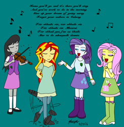 Size: 878x901 | Tagged: safe, artist:pheeph, fluttershy, octavia melody, rarity, sunset shimmer, equestria girls, celtic, dancing, irish, singing, tap dancing, violin