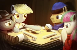 Size: 1332x870 | Tagged: safe, artist:anticular, blossomforth, derpy hooves, doctor whooves, thunderlane, pegasus, pony, clothes, female, game, mahjong, mare, table, tabletop game, underp