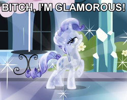 Size: 629x495 | Tagged: safe, edit, edited screencap, screencap, rarity, pony, unicorn, caption, crystal rarity, crystallized, female, image macro, mare, reaction image, solo, vulgar