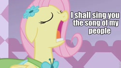 Size: 960x540 | Tagged: safe, edit, edited screencap, screencap, fluttershy, pegasus, pony, suited for success, clothes, dress, eyes closed, gala dress, image macro, open mouth, roflbot, solo