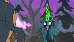 Size: 1920x1080 | Tagged: safe, screencap, queen chrysalis, changeling, changeling queen, ophiotaurus, frenemies (episode), changeling feeding, female, glowing horn, horn, love extraction, love magic, open mouth, solo, you know for kids