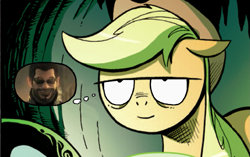 Size: 1169x732 | Tagged: safe, edit, applejack, earth pony, pony, adam jensen, deus ex, deus ex: human revolution, exploitable meme, forced meme, i asked for this, inverted mouth, meme, smiling, thinking applejack meme