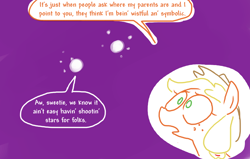 Size: 882x562 | Tagged: safe, artist:the weaver, applejack, earth pony, pony, applejack's parents, dialogue, female, looking up, mare, night, night sky, parent, shooting star, sky, stars, weaver you magnificent bastard