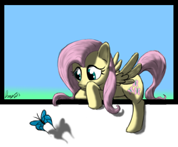 Size: 702x579 | Tagged: safe, artist:dragmodnotloc, fluttershy, butterfly, pegasus, pony, breaking the fourth wall, female, mare, signature, simple background, solo, transparent background