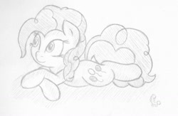 Size: 1300x850 | Tagged: safe, artist:ramott, pinkie pie, earth pony, pony, monochrome, solo, traditional art