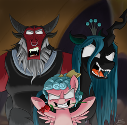 Size: 2591x2549 | Tagged: safe, artist:oinktweetstudios, cozy glow, lord tirek, queen chrysalis, centaur, changeling, changeling queen, pony, frenemies (episode), cozy glow is best facemaker, crazy glow, empty eyes, female, filly, flower, flower in mouth, foal, insanity, mouth hold, quadrupedal, rose, smiling, white eyes