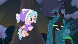 Size: 1920x1080 | Tagged: safe, screencap, cozy glow, queen chrysalis, changeling, changeling queen, pegasus, pony, frenemies (episode), duo, female, filly, foal, hat, snow, winter outfit
