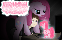 Size: 1500x984 | Tagged: safe, artist:nimaru, pinkie pie, earth pony, human, pony, computer, dialogue, duality, glow, pinkamena diane pie, size difference, speech bubble